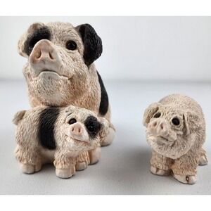 Stone Critters Mama & Piglet  Pig Figurines HAMPSHIRE PIGS Farm Animal‎